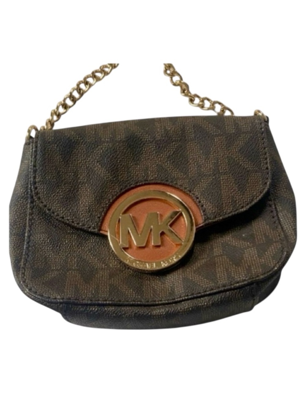 Michael Kors Fulton Signature MK Logo Small Crossbody Bag Brown Gold